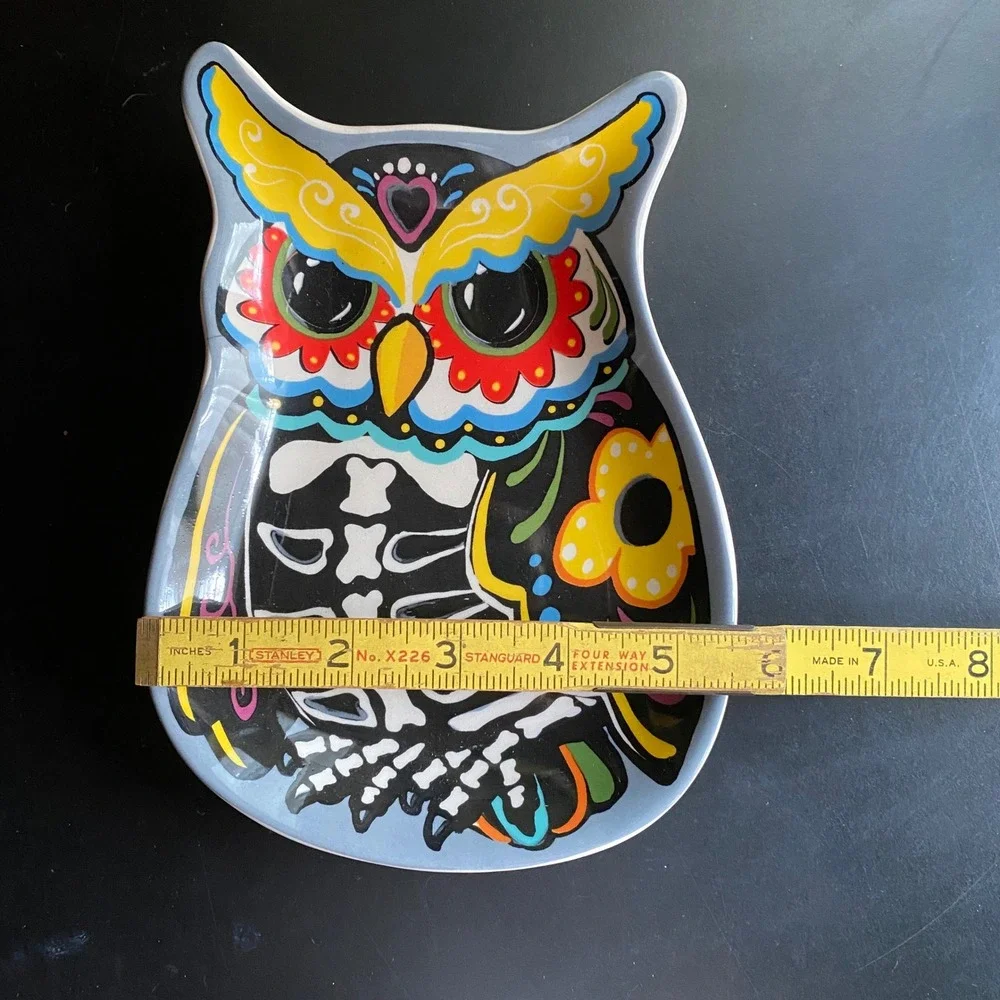 ⁠Cracker Barrel Day of the Dead Sugar Skull Owl Spoon Rest Halloween Stoneware⁠